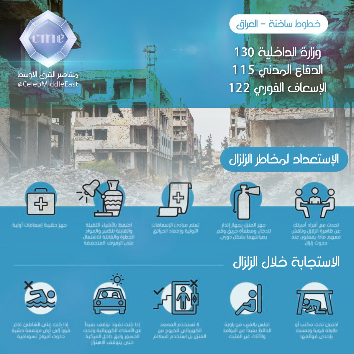 CelebMiddleEast's tweet photo. التصرفات والإجراءات المناسبة للوقاية من أخطار #الزلازل .
#العراق #سوريا #لبنان #تركيا #مصر - #cmeفن https://t.co/cIaUWK0r1S