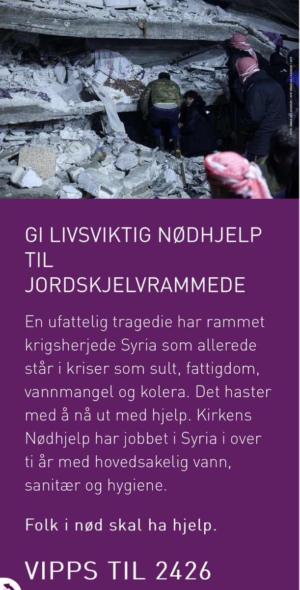 Dødstallene etter det kraftige jordskjelvet stiger stadig. <a href="/KirkensNodhjelp/">Kirkens Nødhjelp</a> er i gang med hjelpearbeidet i Syria. 
Vipps 2426 for å bidra: