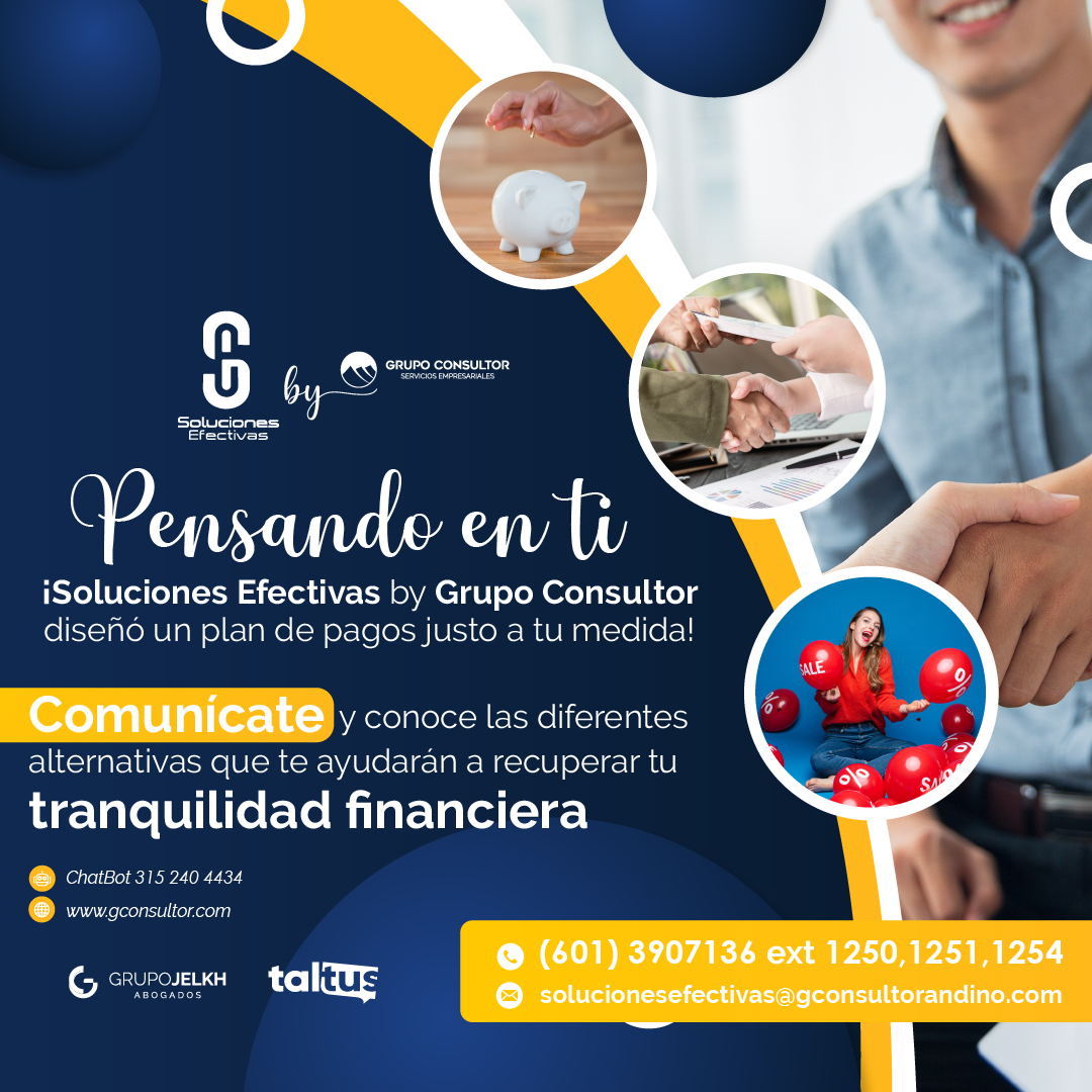 GRUPO_CONSULTOR's tweet photo. ¡Soluciones efectivas by Grupo Consultor, diseñó un plan de pagos justo a tu medida! 

Comunícate ya al 601 390 7136 Ext. 1250, 1251, 1254 o al correo solucionesefectivas@gconsultorandino.com

#pagos #plan #tranquilidadfinanciera #financiación #descuentos #bonos #tranquilidad https://t.co/QTPlkwKQR1