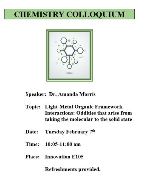 UVM Chemistry (@uvmchemistry) on Twitter photo We are hosting two seminar speakers this week! First up on Tuesday, Feb 7, we have the pleasure of hosting Dr. Amanda Morris from Virginia Tech. Her talk will be on light-metal organic organic framework interactions. <a href="/UVMcas/">UVM Arts & Sciences</a> #light #MOFs We are hosting two seminar speakers this week! First up on Tuesday, Feb 7, we have the pleasure of hosting Dr. Amanda Morris from Virginia Tech. Her talk will be on light-metal organic organic framework interactions. <a href="/UVMcas/">UVM Arts & Sciences</a> #light #MOFs