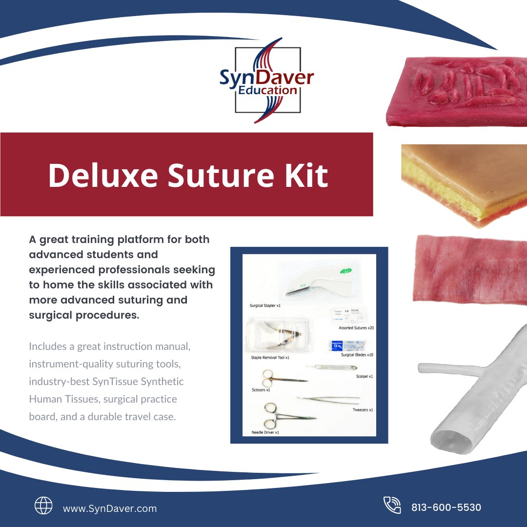 syndaver's tweet photo. Looking for the number one suture training kit in the industry? SynDaver EDU's Deluxe Suture Kit provides high fidelity tissues and top quality instruments.

#SynDaverEDU #Suture #SutureKit #SutureTraining #NursingSchool #SuturePad https://t.co/YKEZWEj5p1