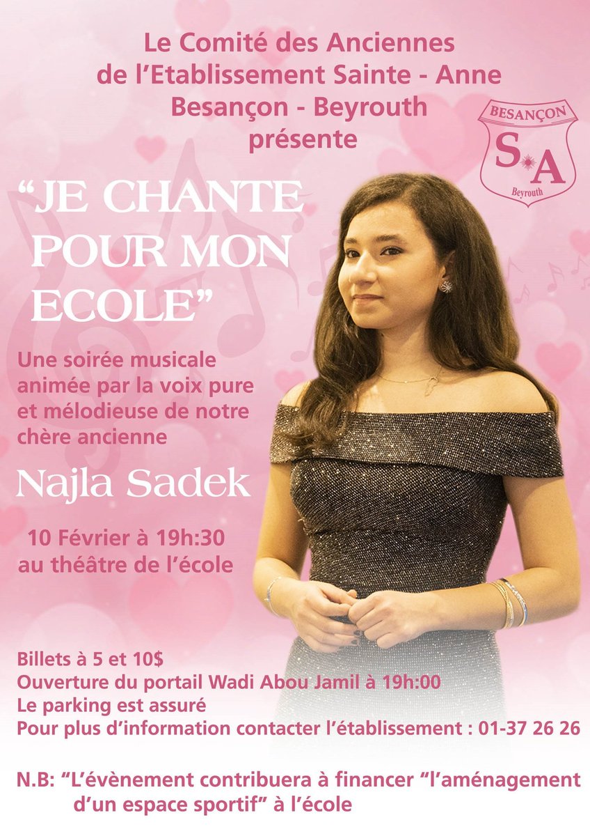 najlasadek's tweet photo. This Friday!!
"Je chante pour mon école" a concert in the heart of Beirut - Valentine evening 🎤🎹🎶
February 10 at 7:30 PM💗
Be many :)

- https://t.co/5JOd1Q3uRM