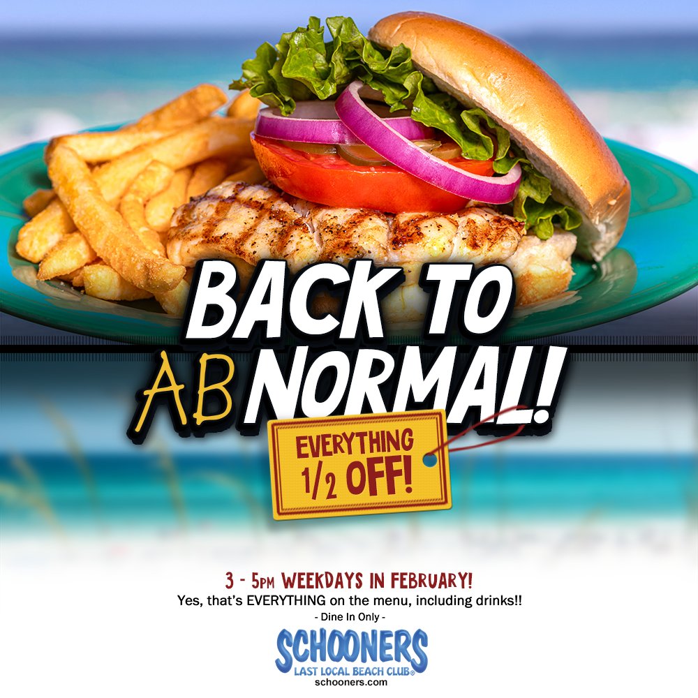 schoonerspcb's tweet photo. To welcome all our friends back to the beach, we're celebrating all month long! All February long, we're "Back to AbNormal" with EVERYTHING on the menu 1/2 off from 3-5pm. Dine in only. #BackToAbNormal https://t.co/l1qG1OYIjG