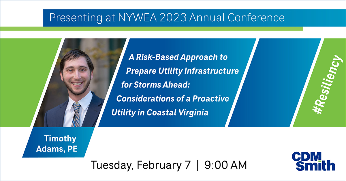 sasek_robin's tweet image. As a key member of #CDMSmith’s Climate Resilience team and a @UMass Amherst and @MIT alum, Timothy Adams is a respected water resource engineer working to create climate-resilient solutions for our clients and the world. Hear @tbadams45 take on utility infrastructure @NYWEA 2/7.