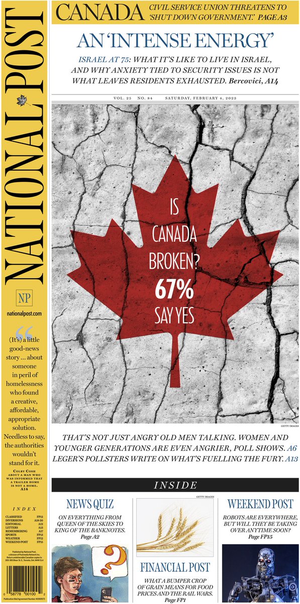 leger360's tweet photo. We are proud that our poll made the front page this Saturday in the National Post.
 
67% of Canadians said Canada is broken.

#Leger360 #canada https://t.co/766tEzEGu1