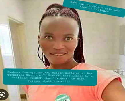 CommerceUni's tweet photo. 📍We join SACCAWU in paying our condolences to the family and friends of Nwabisa Luningo, a retail worker who was stabbed to death by a male customer at work in🇿🇦.
📢We call on all governments and retailers to work with unions to stop gender-based violence.
#NoStoreForViolence https://t.co/7eXZoL7RJo