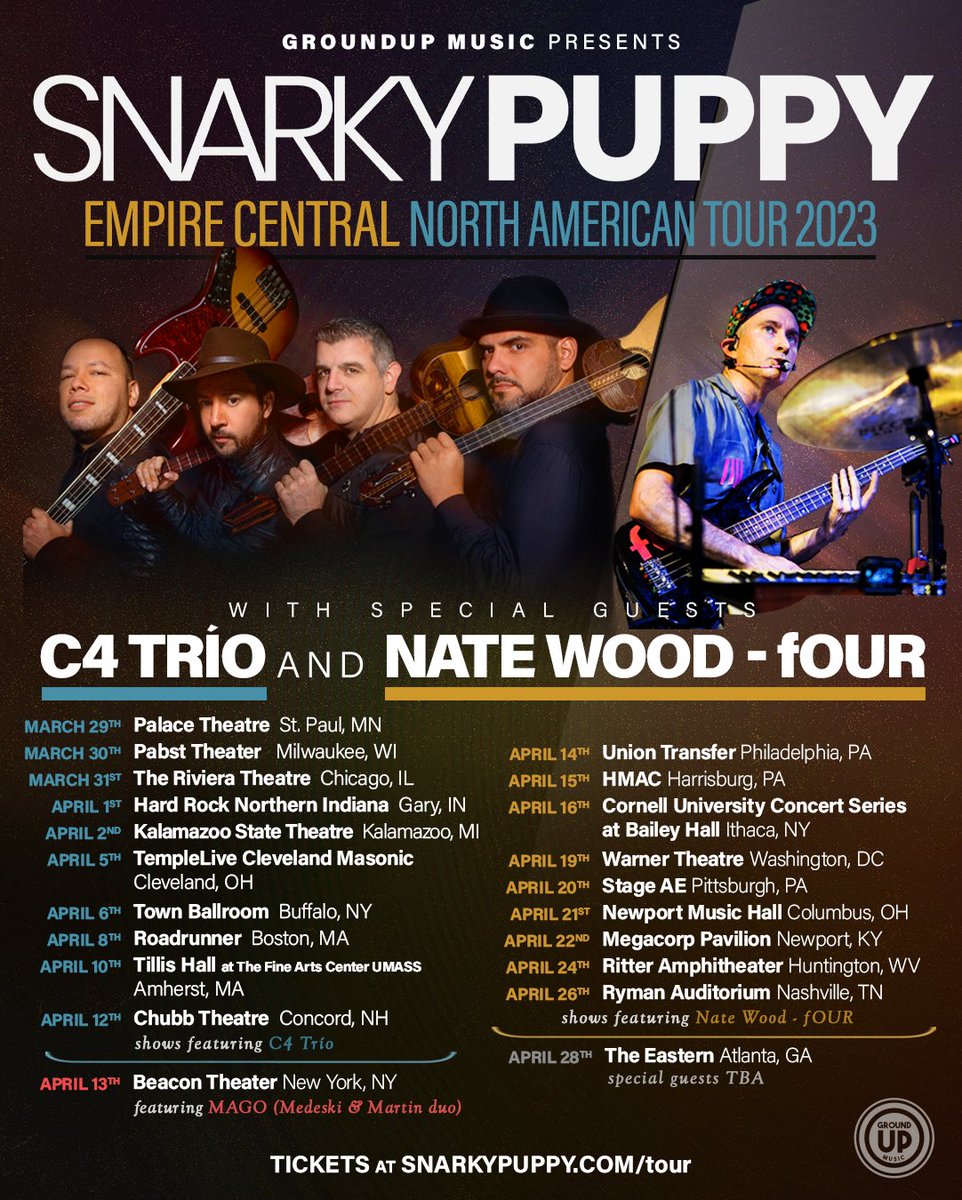 We’re excited to announce that we’ll be joined by very special guests <a href="/natewoodmusic/">Nate Wood</a> and <a href="/c4trio/">C4 TRIO</a> on our North American Empire Central tour! We can’t wait to be back on the road kicking things off next month, tickets are on sale now.

👉 snarkypuppy.com/tour