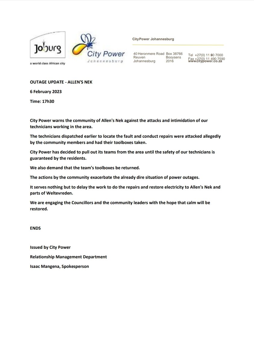 CityPowerJhb's tweet photo. #Weltevredenpark #RegionC #JoburgUpdates 

Please see attached information for latest updates in #Weltevredenpark .^MM https://t.co/HaWxEi6dS6