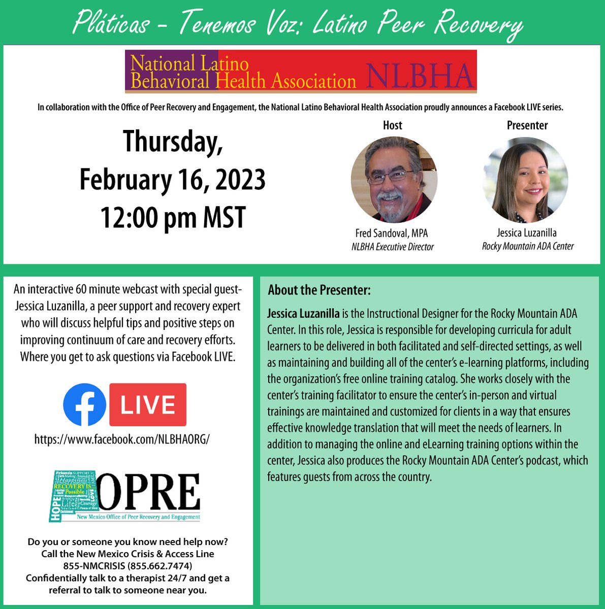 Our parent organization, The National Latino Behavioral Health Association invites you to its latest Pláticas - Tenemos Voz: Latino Peer Recovery on Thursday, February 16, 2023 at 12:00pm MT (2PM ET). facebook.com/NLBHAORG