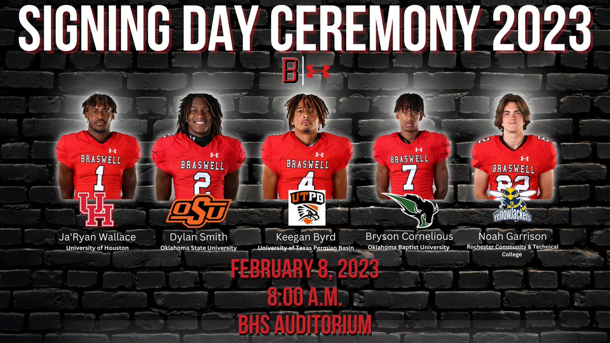 Braswell Bengal Football (@bengallifestyle) on Twitter photo 🚨 𝓢𝓲𝓰𝓷𝓲𝓷𝓰 𝓓𝓪𝔂 𝓒𝓮𝓻𝓮𝓶𝓸𝓷𝔂 23'
📅 February 8, 2023
🕗 8:00 A.M.
📍 BHS Auditorium
#NSD23
Ja'Ryan Wallace <a href="/JaryanW/">JaryanWallace8</a>
Dylan Smith <a href="/iamdylansmith/">✞.</a>
Keegan Byrd <a href="/KeeganByrd7/">Keegan Byrd</a>
Bryson Cornelious <a href="/brysonnnn_/">Bryson Cornelious™️</a>
Noah Garrison <a href="/noahgarr7/">Noah Garrison</a>
#BLS | #RecruitTheBengals 🐅 🚨 𝓢𝓲𝓰𝓷𝓲𝓷𝓰 𝓓𝓪𝔂 𝓒𝓮𝓻𝓮𝓶𝓸𝓷𝔂 23'
📅 February 8, 2023
🕗 8:00 A.M.
📍 BHS Auditorium
#NSD23
Ja'Ryan Wallace <a href="/JaryanW/">JaryanWallace8</a>
Dylan Smith <a href="/iamdylansmith/">✞.</a>
Keegan Byrd <a href="/KeeganByrd7/">Keegan Byrd</a>
Bryson Cornelious <a href="/brysonnnn_/">Bryson Cornelious™️</a>
Noah Garrison <a href="/noahgarr7/">Noah Garrison</a>
#BLS | #RecruitTheBengals 🐅