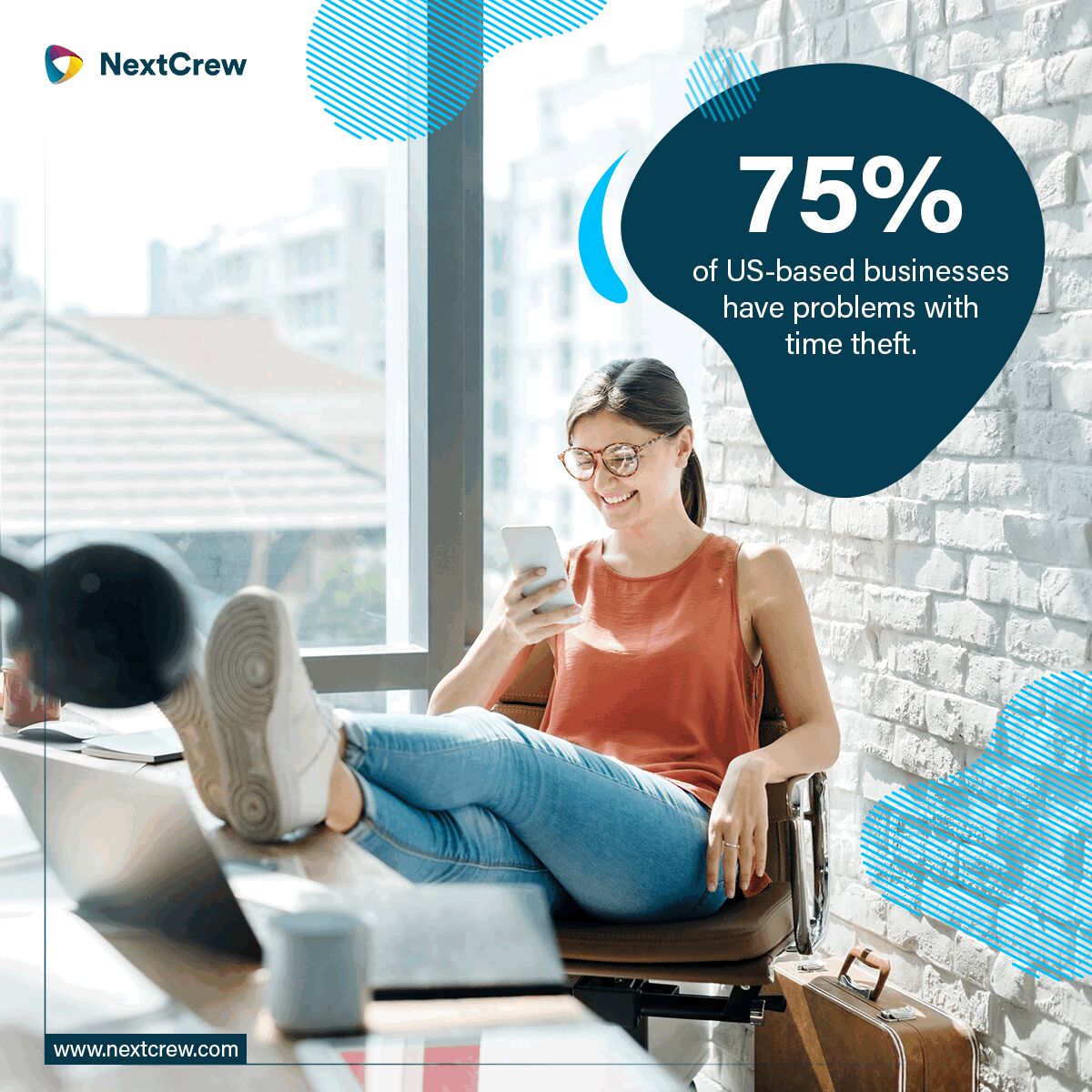 nextcrewcorp's tweet photo. The American Payroll Association (APA) found that 75% of businesses in the United States are affected by time theft every year. Additionally, this has lead to productivity losses of $400 billion annually as well.

Book a demo today: https://t.co/brNZsTLvQp #timetheft #NextCrew https://t.co/DdnKSsLw7N