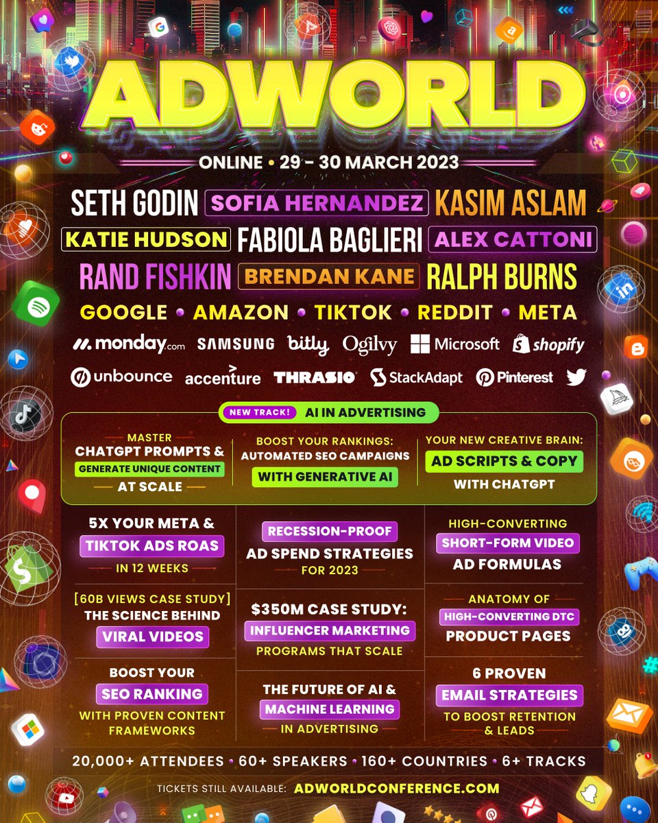AdWorldPrime's tweet photo. [ROLL CALL] Who’s coming to #AdWorld?⁣
⁣⁣⁣⁣⁣
20,000＋ of the world’s most powerful marketers, advertisers, brands, entrepreneurs &amp; founders are gathering for 2 action-packed days of networking &amp; masterclasses on 29-30 Mar.
⁣⁣⁣⁣⁣
See you there👉 https://t.co/bObJLR5kKG https://t.co/ssD9F2PaMN