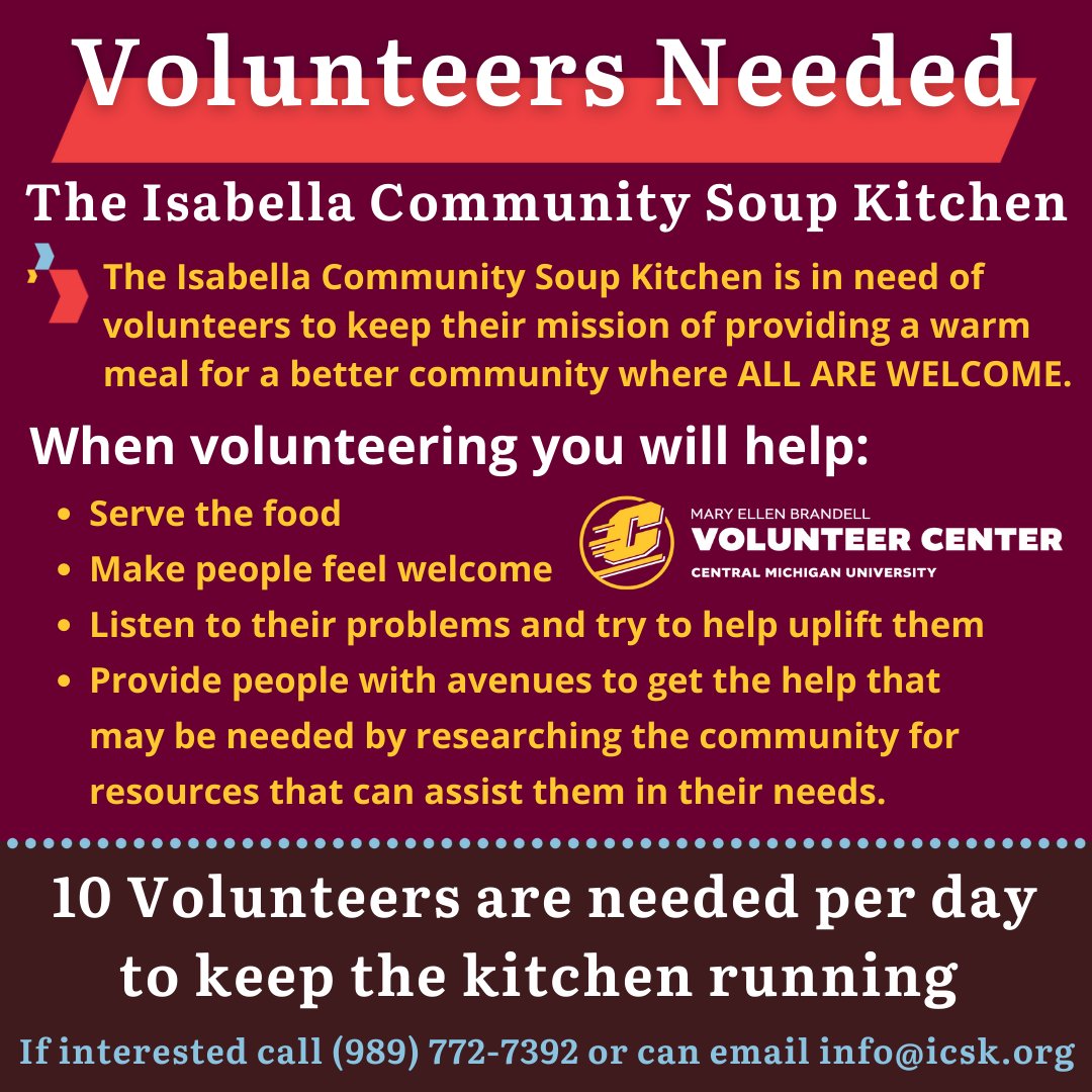 CMU Volunteer Center (@cmuvolunteers) on Twitter photo Get involved in the local community today by serving at the Isabella Community Soup Kitchen! Email info@icsk.org to learn more today. Get involved in the local community today by serving at the Isabella Community Soup Kitchen! Email info@icsk.org to learn more today.