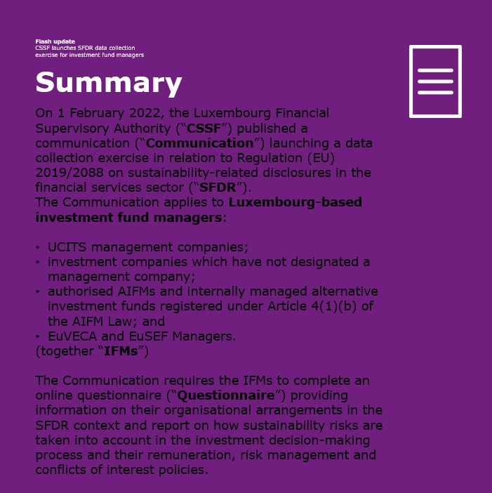 ESfinanciallaw's tweet image. In our latest #FlashUpdate we discuss the Luxembourg Financial Supervisory Authority&apos;s published communication launching a data collection exercise in relation to Regulation (EU) 2019/2088 on sustainability-related disclosures in the financial services sector.