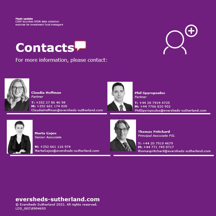 ESfinanciallaw's tweet image. In our latest #FlashUpdate we discuss the Luxembourg Financial Supervisory Authority&apos;s published communication launching a data collection exercise in relation to Regulation (EU) 2019/2088 on sustainability-related disclosures in the financial services sector.