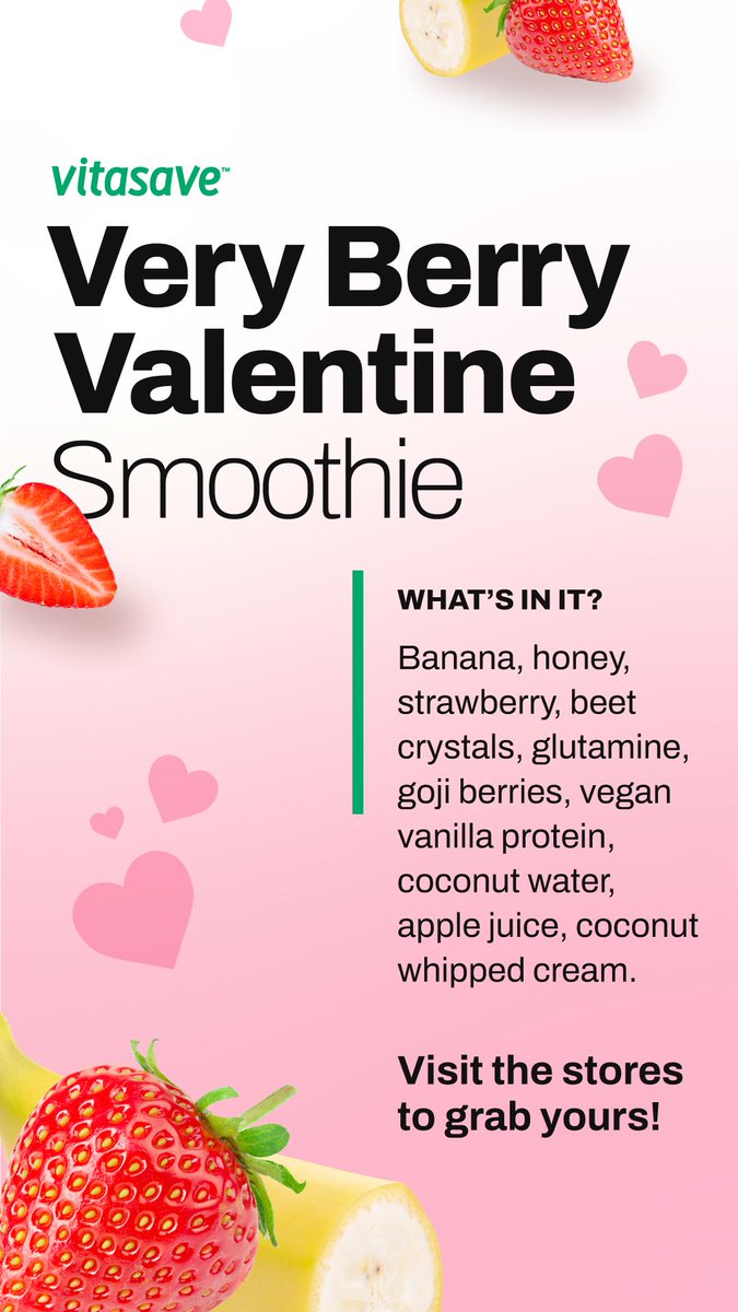 Don't forget to try out our Limited Time Very Berry Valentine smoothie! Get them at both of our stores today 😊 vitasave.ca/pages/locations