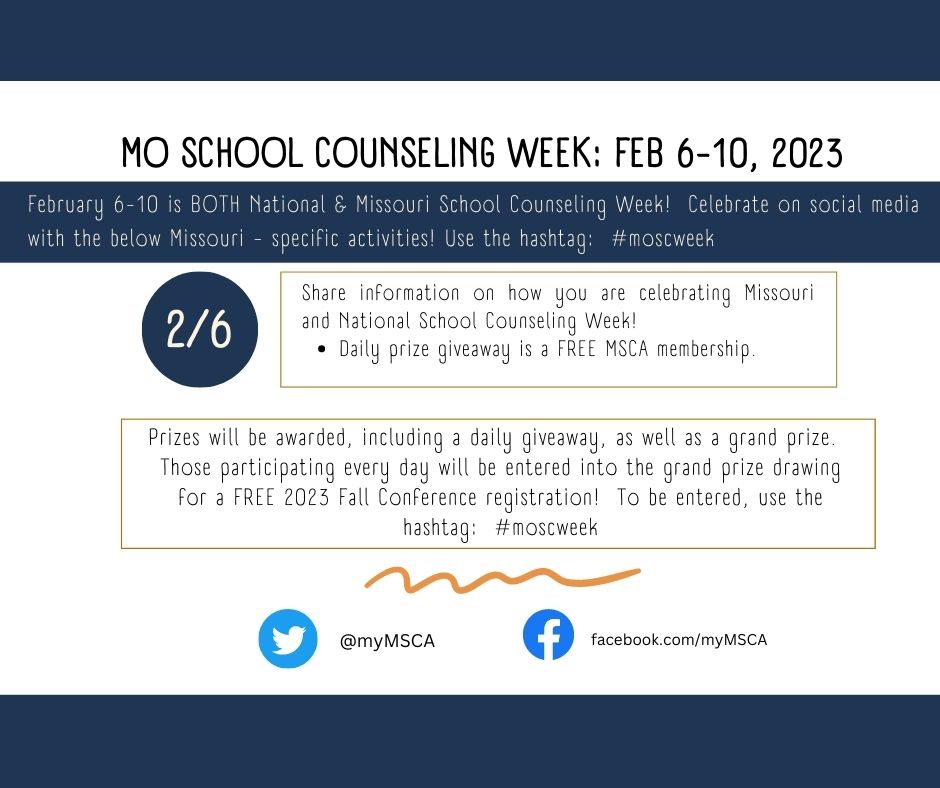 myMSCA's tweet photo. Celebrate Missouri School Counseling Week on social media with the below MO-specific activities! Use the hashtag: #moscweek
Share information on how you are celebrating Missouri and National School Counseling Week!
Daily prize giveaway is a FREE MSCA membership. https://t.co/eFHN2CO0KW