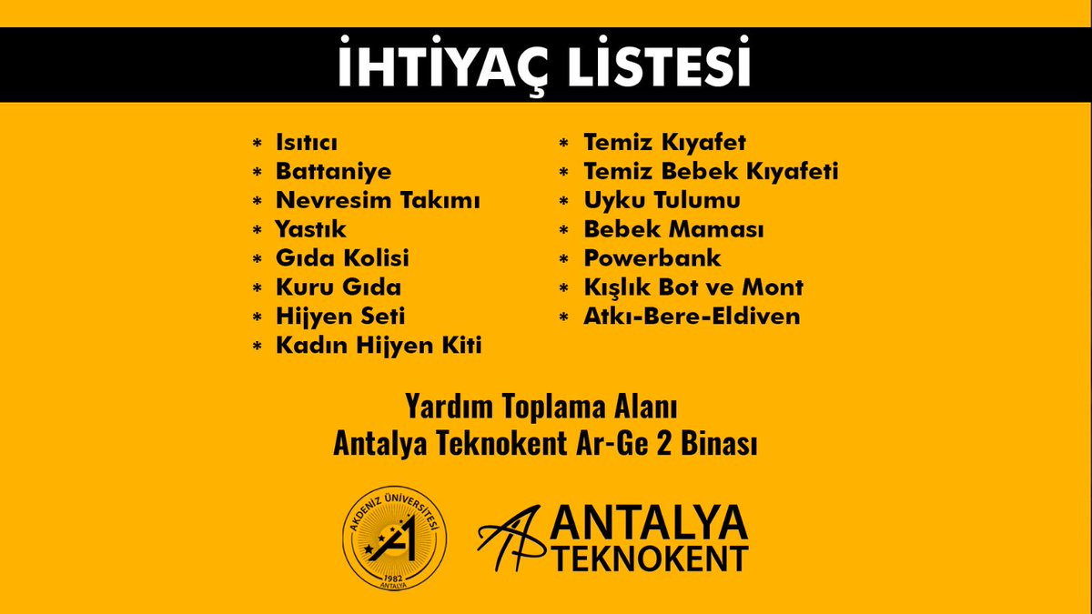 Depremden etkilenen vatandaşlarımıza ihtiyaç duyulan malzemeleri Akdeniz Üniversitesi Rektörlüğümüz aracılığıyla ulaştırıyoruz. Destek için bizimle iletişime geçebilirsiniz.
📱0533 191 15 60
<a href="/Akdenizun/">Akdeniz Üniversitesi</a>