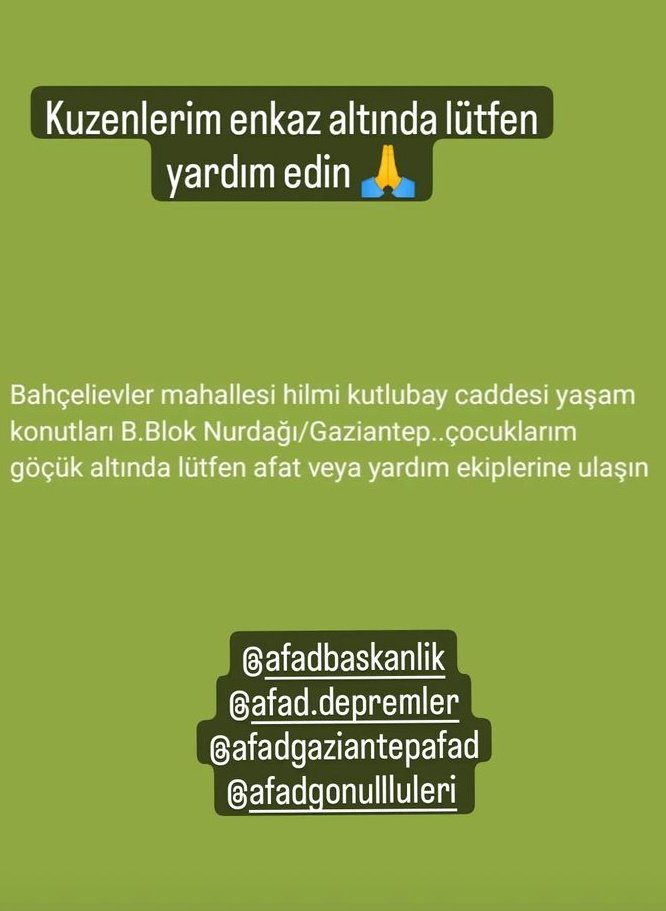 M__Magara's tweet photo. Bahçelievler mahallesi Hilmi Kutlubay caddesi Yaşam konutları B blok Nurdağı / Gaziantep 

Göçük altında kuzenim ve çocukları var lütfen yardım edin @AFADGaziantep @ahbap https://t.co/teYlYg9MQH