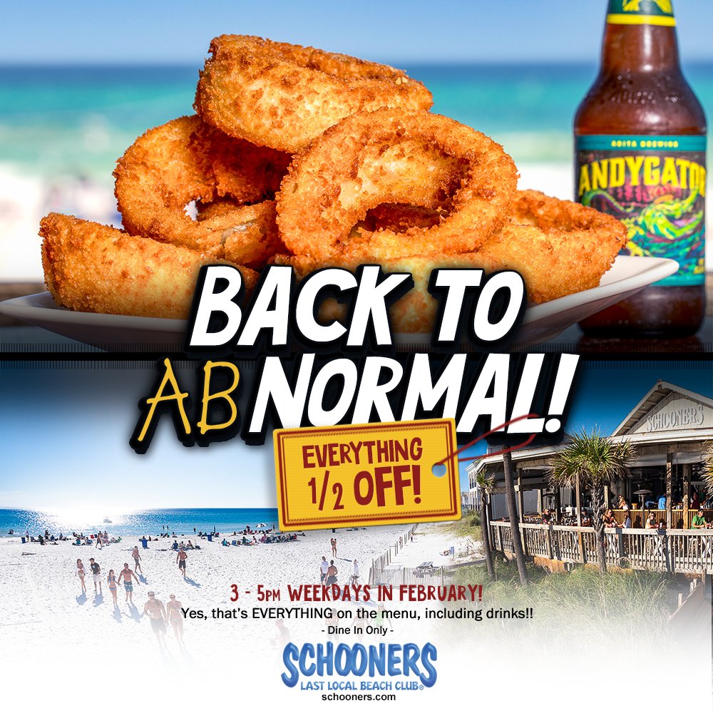 schoonerspcb's tweet photo. Reminder: To celebrate our reopening, EVERYTHING on the menu is 1/2 off from 3pm-5pm! Every weekday in February, dine-in only. #BackToAbNormal https://t.co/7Um50txbvI
