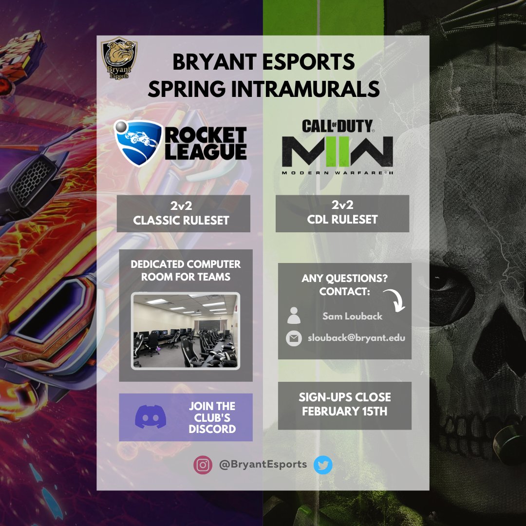🚨 Esports Intramurals are live ‼️
Find a teammate or sign up as a free agent before February 15th to get involved!

Follow the link below to sign up: 
bryantbulldogs.com/navbar-intramu…