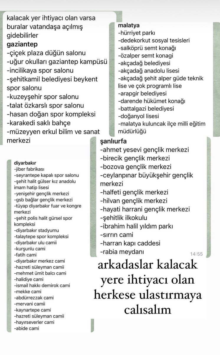 firatgunayer's tweet photo. ⚠️⚠️ Önemli ⚠️⚠️

Gaziantep, Diyarbakır, Şanlıurfa ve Malatya'da dışarıda kalanlar için geceyi geçirebilecekleri güvenli yerlerin listesi.. https://t.co/9uGw980MBv