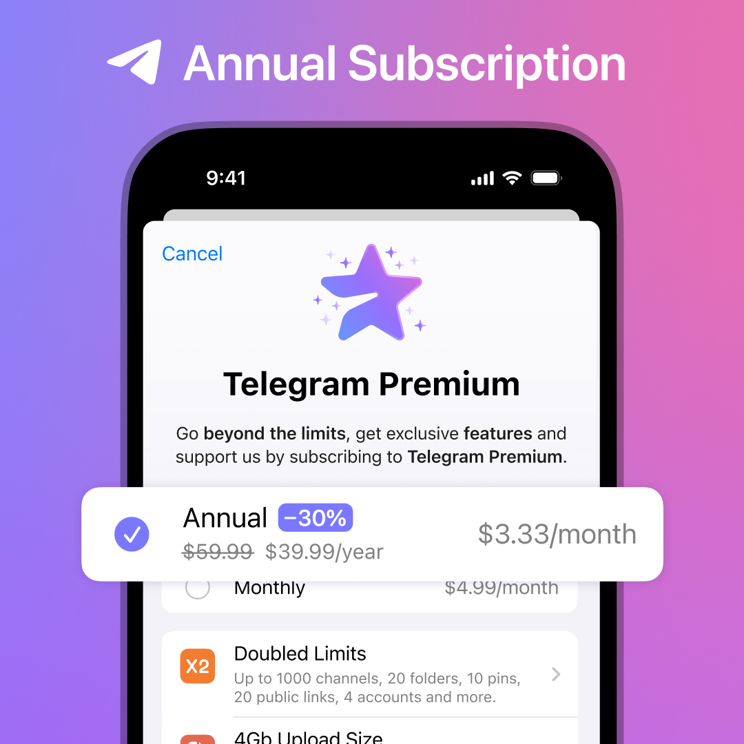Telegram habilita la suscripción anual a Premium con un ahorro de hasta un 40%.

¿Elegirías este plan?