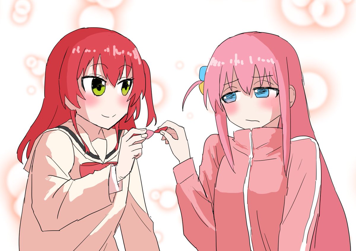 gotou hitori multiple girls 2girls red hair track jacket pink jacket pink hair cube hair ornament  illustration images
