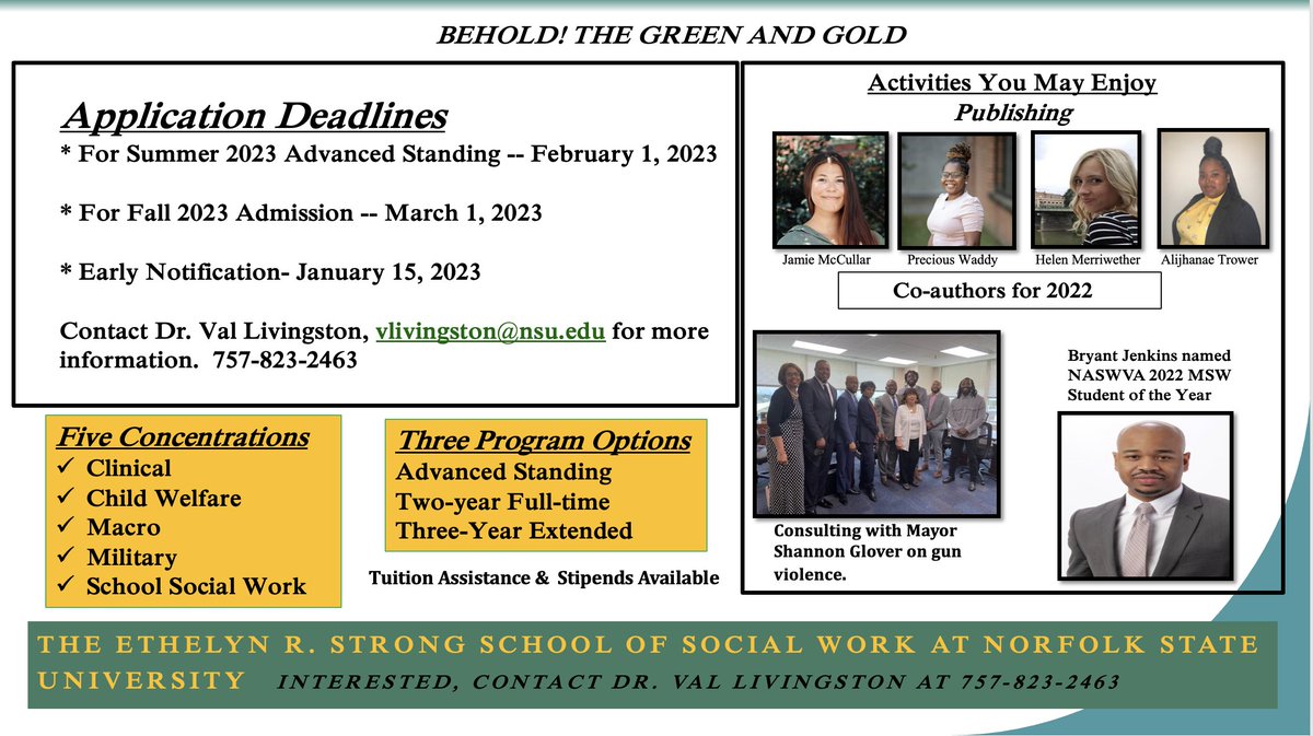 NSUSocialWrk's tweet photo. Application Deadlines are quickly approaching!! 
Apply by March 1, 2023, for Fall 2023 admission. 
As an NSU Social Work student, you may enjoy co-authoring articles, consulting with politicians, and engaging in a variety of additional networking opportunities. https://t.co/yezusUzGMa