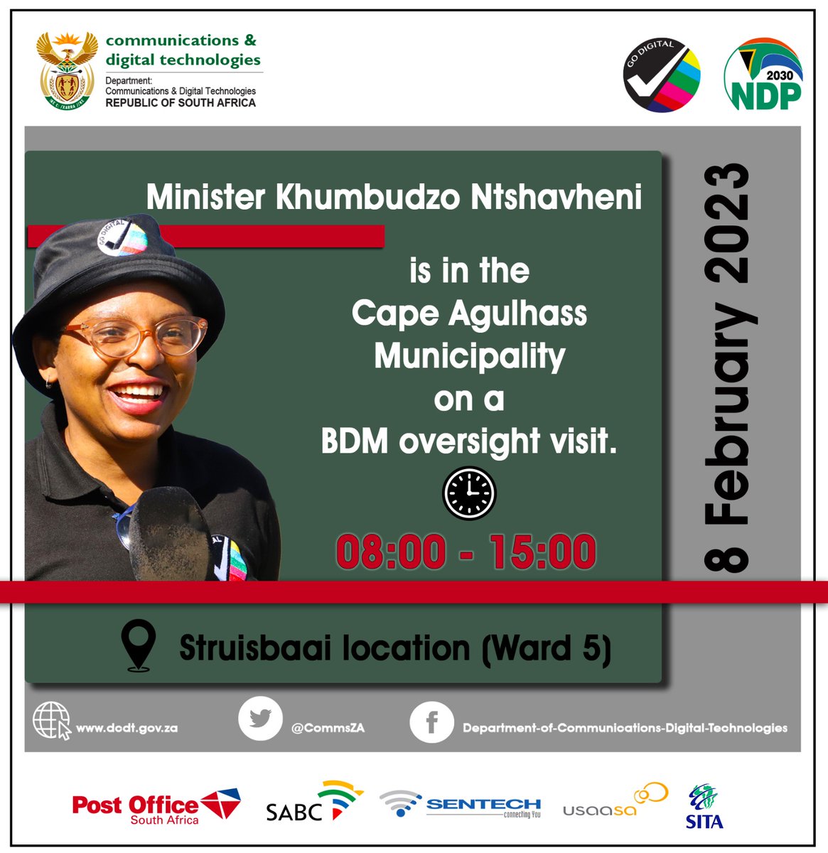 BongekileFilana's tweet photo. Join the Minister of the Department of Communications and Digital Technologies, Hon. Khumbudzo Ntshavheni as she conducts oversight visit in Struisbaai under the Cape Agulhas Municipality in the Western Cape.
This is part of the Government's initiative to monitor public https://t.co/ajf2T3xnSi