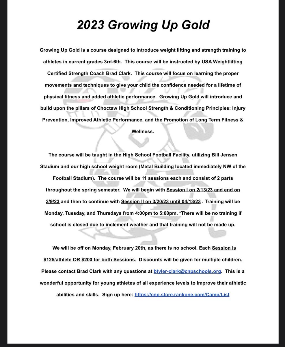CoachBradClark's tweet photo. It’s here! Our first Growing Up Gold Athletic Development Camp for 3rd-6th grade boys &amp; girls! Register TODAY for your spot &amp; get better with us! 

🗓️  Starts February 13, 2023

⏰ Mon, Tues &amp; Thursdays 4-5 PM

📍Choctaw High School, Choctaw, OK

💻  https://t.co/KLESUtn1fj https://t.co/jwSrK7VLA6
