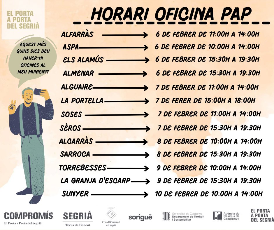 segriapap's tweet photo. Recordem els horaris d’oficina del porta a porta d'aquesta setmana.

Per més informació consulteu el nostre web https://t.co/REPCBwcqX0  

#ObjectiuRezero #CCSegria #Segriaresidus #TerradePonent #Lleida #Sostenibilitat #Reciclatge https://t.co/JtLHkU0mVF