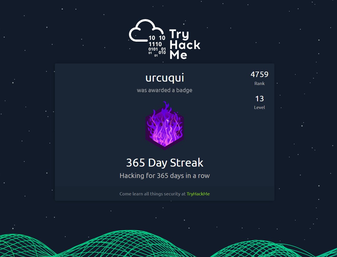 I am thrilled with this badge, 365 days solid on 
@realtryhackme
 learning more about cybersecurity. 

tryhackme.com/urcuqui/badges…

My CSDS way 💻~(^_^~)

#tryhackme #cybersecurity #infosec #learning #hacker #infosectraining #datascientist #threathunting #analyst #MachineLearning