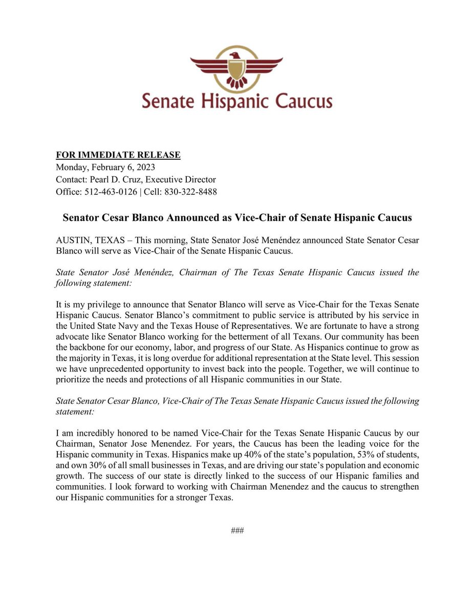 TXSenHispanics's tweet photo. This morning, State Senator José Menéndez announced State Senator Cesar Blanco will serve as Vice-Chair of the Senate Hispanic Caucus.
#txlege #txshc https://t.co/vQBTDOsCQG