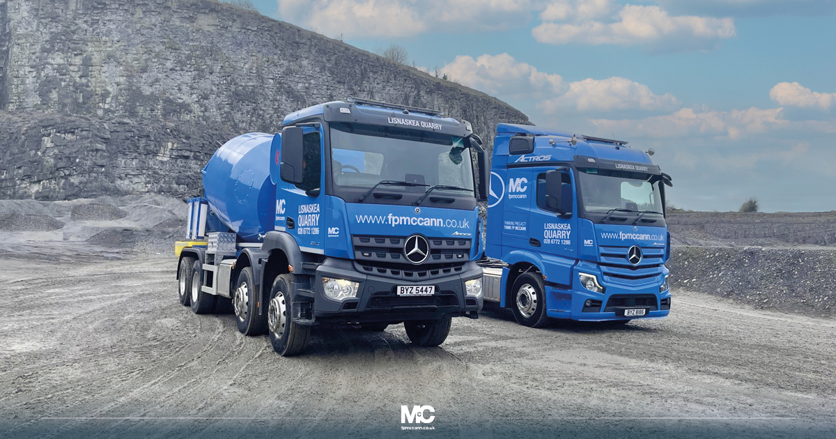 FPMcCann's tweet photo. Two new additions added to FP McCann’s fleet! We have recently purchased a brand-new Mercedes Tractor Unit and Mercedes Mixer, they are pictured here in our Lisnaskea Quarry. 

#fpmccann #mercedestractorunit #mercedesmixer #constructionni #lisnaskea #newvehicles https://t.co/xKnWo5nbBb