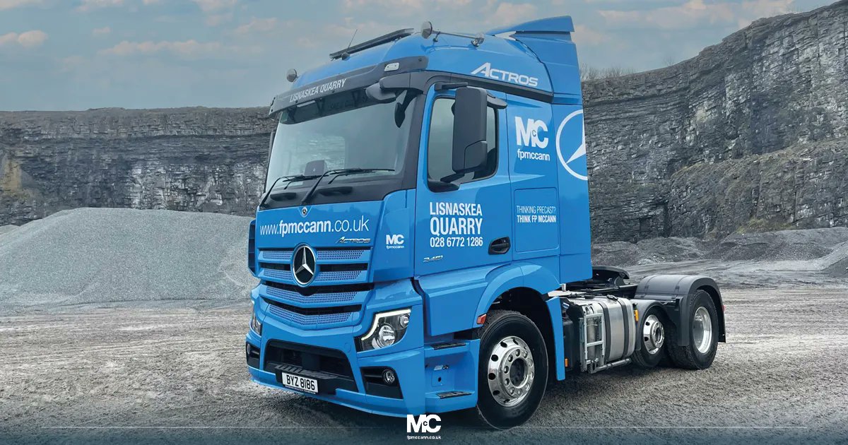 FPMcCann's tweet photo. Two new additions added to FP McCann’s fleet! We have recently purchased a brand-new Mercedes Tractor Unit and Mercedes Mixer, they are pictured here in our Lisnaskea Quarry. 

#fpmccann #mercedestractorunit #mercedesmixer #constructionni #lisnaskea #newvehicles https://t.co/xKnWo5nbBb