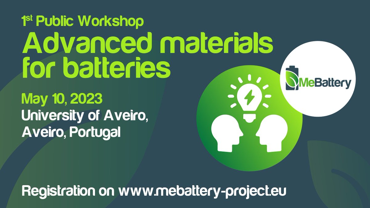 Mark your calendars for the first public #MeBattery workshop in Aveiro, Portugal!

👉 #material science for developing advanced #battery devices
👉 free of charge
👉 virtual or in-person

✍️ Register now: mebattery-project.eu/workshop-regis…

#energy  #batteryresearch #EUresearch