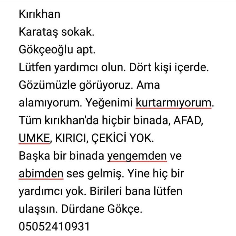 Lütfen Yardım edin. 🙏🏻🙏🏻
<a href="/AFADHatay/">AFAD HATAY</a> <a href="/AFADBaskanlik/">AFAD</a> <a href="/haluklevent/">Haluk Levent ( Ahbap Ekibi )</a> <a href="/ahbap/">Ahbap</a>  #deprem