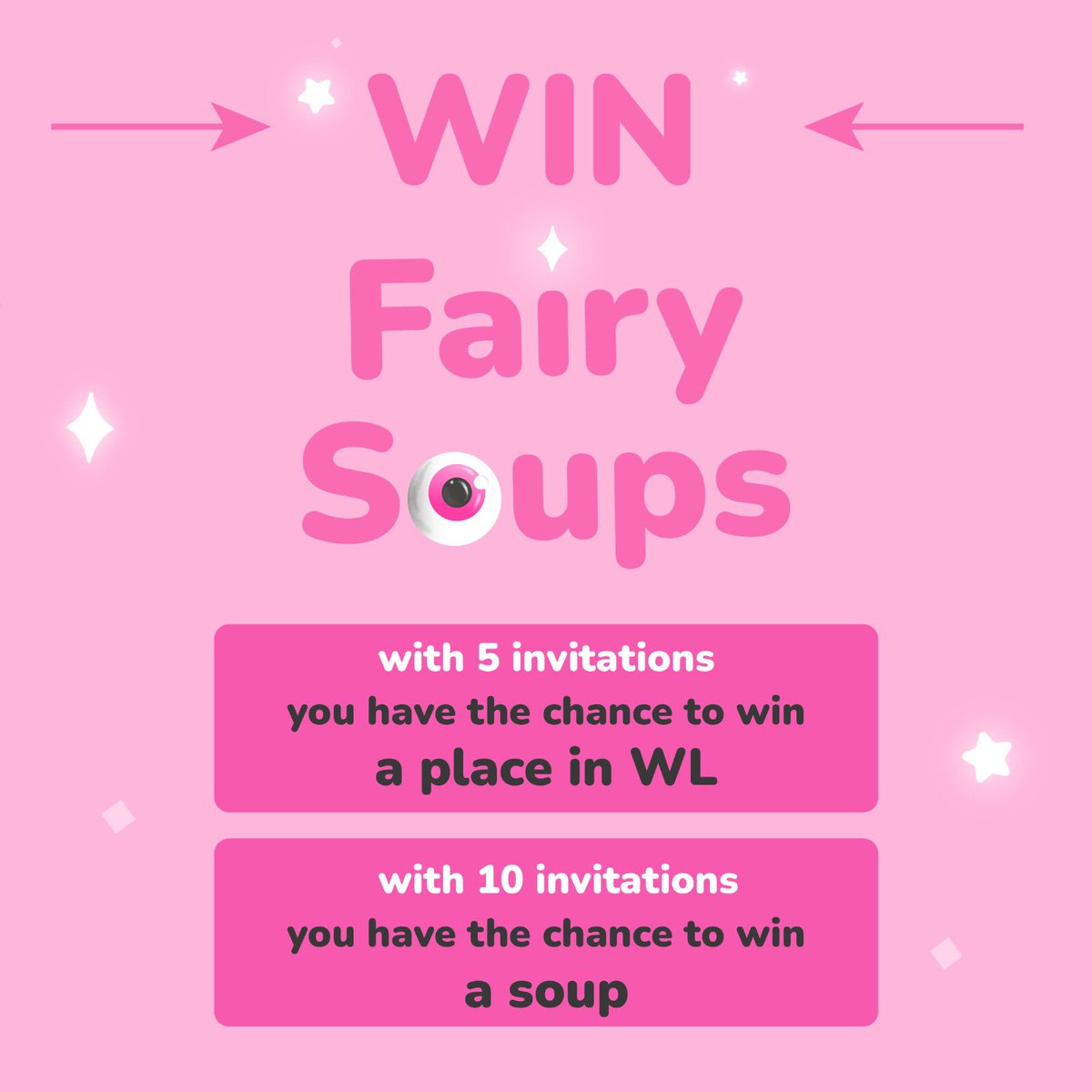moonybel_'s tweet photo. FAIRY SOUPS GIVEAWAY‼️‼️

Invite your friends to our discord server and win special prices!

5x invites: WL spot for our presale
10x invites: a chance to win a Fairy Soup (10 available)

Join us! https://t.co/7ejGSUi0hd

#NFT #NFTCommunity #NFTGiveaway https://t.co/WcTt7BCigX