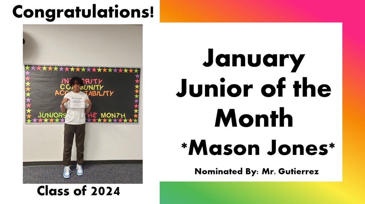 Congratulations Mason Jones for being selected as one of our Juniors of the Month for January! Keep up the great work!