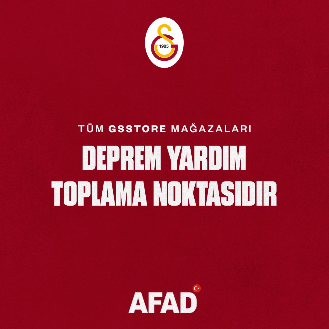 GalatasaraySK's tweet photo. Ali Sami Yen Spor Kompleksi Nef Stadyumu ve Galatasaray Taçspor Tesisleri'nin yanı sıra tüm @GSStore Mağazaları da AFAD ile koordineli yardım toplama noktası olarak belirlenmiştir. Tüm yardımlar AFAD vasıtasıyla ihtiyaç sahiplerine ulaştırılacaktır.

👉 https://t.co/6zGnlZ1iEg https://t.co/EIxfrXRlBM