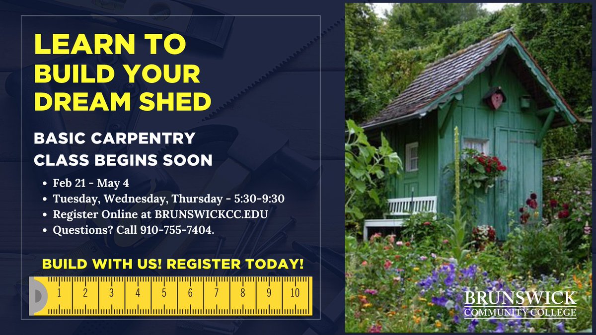 Brunswick_CC's tweet photo. Take this class and be building by spring! Basic Carpentry Class begins Feb. 21. You'll build a class shed and learn everything you need to construct your own (and more!) at home. Claim your spot while it lasts. Register online or contact us at 910-755-7404.
#basiccarpentry https://t.co/7luF909Oah