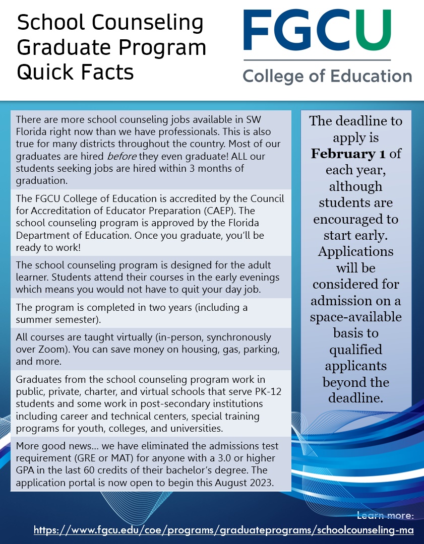 FGCU School Counseling Program (M.A.) #NSCW23 #SchoolCounseling #GoEagles <a href="/fgcu_coe/">FGCU College of Education</a> Learn more by visiting fgcu.edu/coe/programs/g…