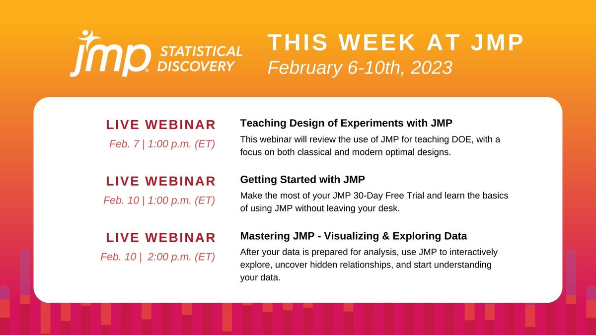 JMP_software's tweet image. Calling all #DataExplorers, are you getting the most out of your #JMP experience? Join us for a free, live webinar to learn more about JMP&apos;s capabilities and all that JMP software can do for you ✨ 

See the full lineup of events here: bit.ly/40C3wUH