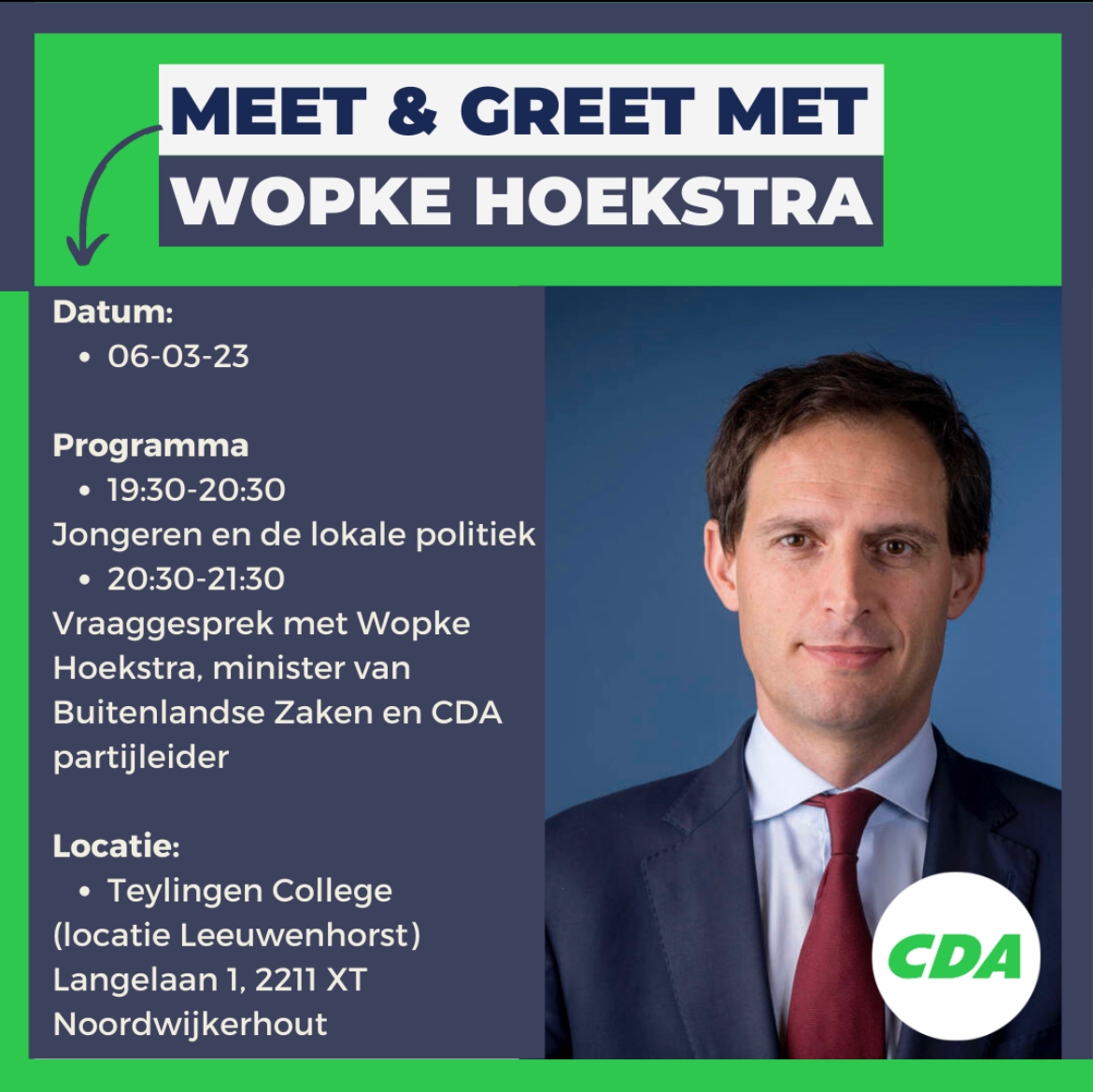 Maandagavond 6 maart organiseert het #CDA een thematafel voor jongeren op het Teylingen College locatie Leeuwenhorst in #Noordwijkerhout. Het tweede deel van de avond zal minister <a href="/WBHoekstra/">Wopke Hoekstra</a>  aansluiten voor een meet &amp; greet. Meer info:
cda.nl/zuid-holland/h…