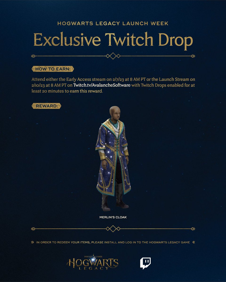 Wrap yourself in Merlin's Cloak by obtaining this exclusive Twitch Drop, available to unlock only through watching the official #HogwartsLegacy Launch Week Livestreams on twitch.tv/avalanchesoftw….