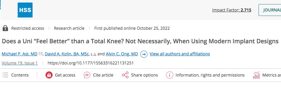 #FreeToAccess for 2 weeks Can modern TKA achieve the natural feeling of joint-conserving surgeries? Retrospective review of adults who underwent UKA, TKA using a modern design, or TKA using a traditional design found this may be possible @drmikeast journals.sagepub.com/doi/10.1177/15…