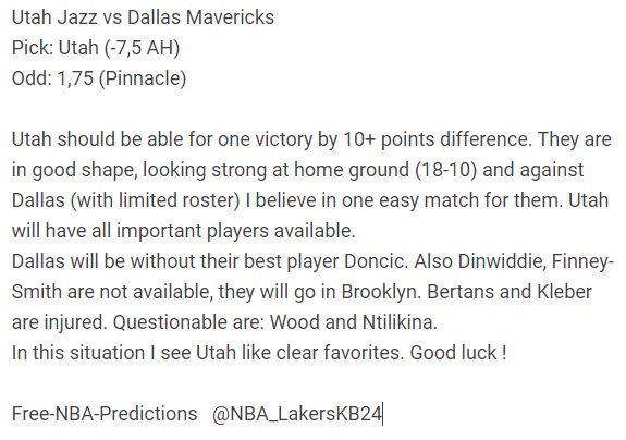 Utah Jazz vs Dallas Mavericks
Pick: Utah (-7,5 AH)
Odd: 1,75 (Pinnacle)