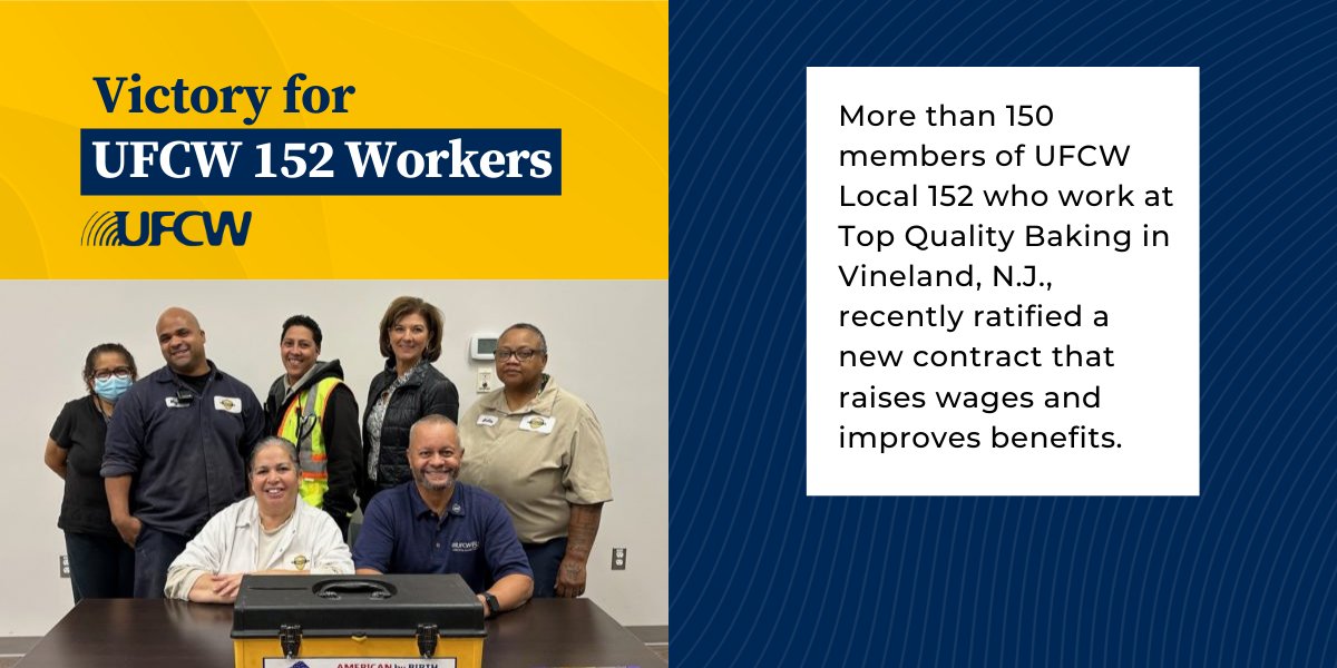 UFCW's tweet photo. #UFCWVictory βπΏβπ»βπ½βπΎ
Congratulations to more than 150 members of @ufcwlocal152 working at Top Quality in Vineland, NJ who recently ratified a new contract that includes wage increases, higher PTO benefits, and other wage premiums.
Learn more: https://t.co/vFFDrJ87zc https://t.co/eHmA9NLEtl