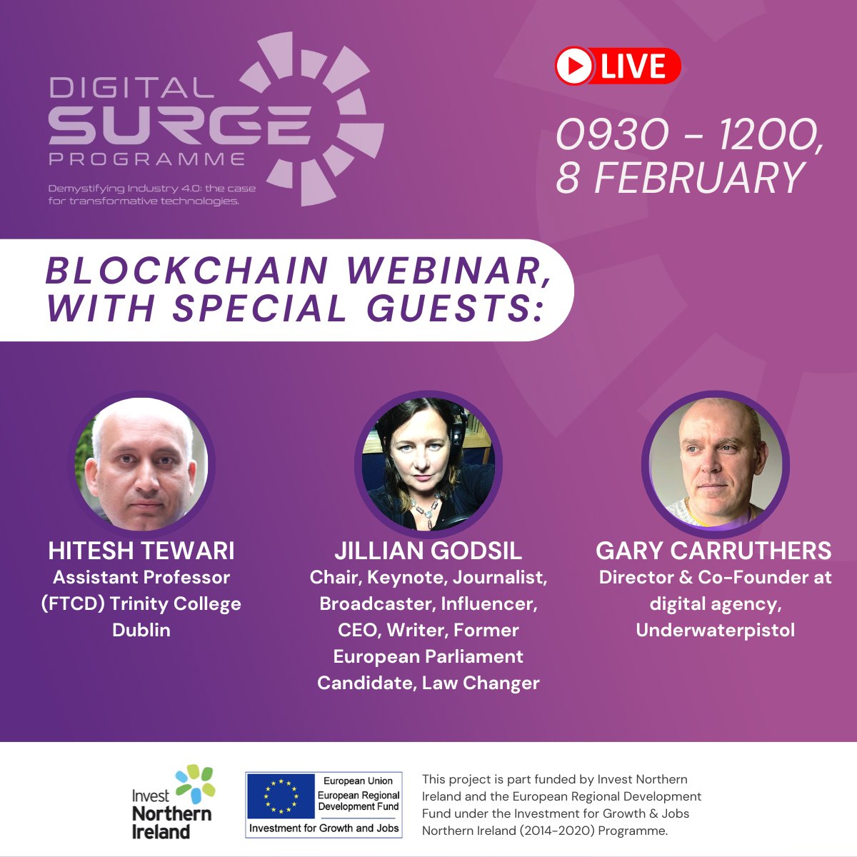 SurgeProgramme's tweet image. Make sure you catch this one! Latest in our Webinar Wednesday series: Blockchain for SMEs w/ Hitesh Tewari, Jillian Godsil, MA, BA (hons), Gary Carruthers! bit.ly/3ntQBSJ #blockchain #webinar